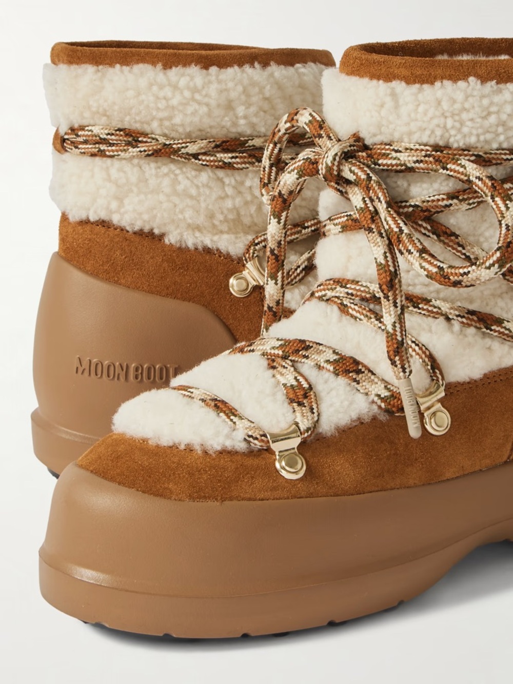 Moon Boot “Luna”: Women's Tan Suede and Cream Shearling Lace-Up Winter Boots